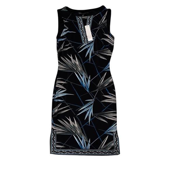 Black & Teal Palm Print Embroidered Sleeveless Sheath Dress ~ Sz XXS ~ NWT - Picture 4 of 13